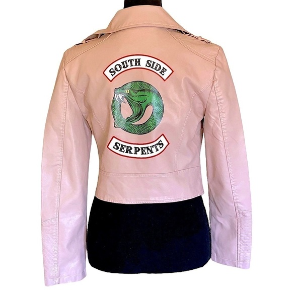ZOLA FSLR Pink Faux Leather Cropped Moto Jacket “Southside Serpents” Cut… - Picture 2 of 12